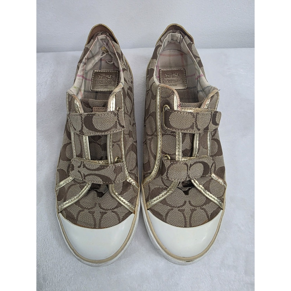 COACH Logo Sneakers 9B Brown/Tan Lace Up Canvas Rubber Toe Cap Barrett Women's